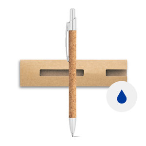 Penna a sfera in sughero e alluminio con meccanismo a scatto e astuccio regalo in carta refill blu