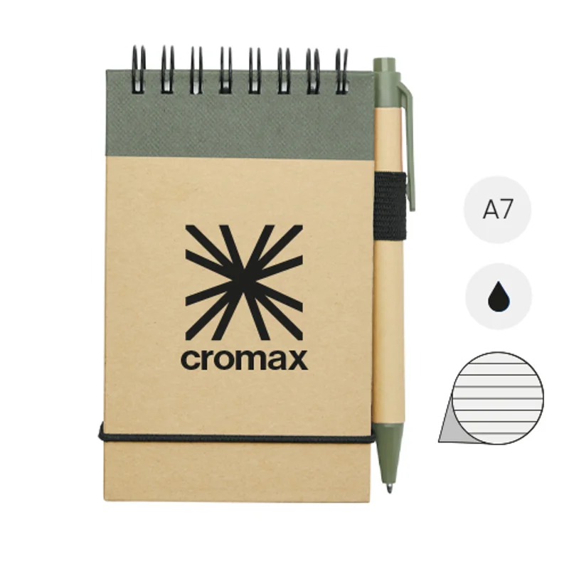 Block notes A7 in carta riciclata con penna in refill nero e fogli a righe