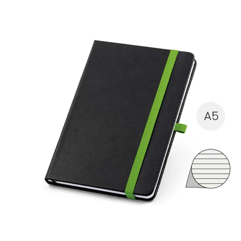 Block note A5 con copertina rigida in PU e 160 pagine a righe e tasca interna sul retro con elastico e segnapagina