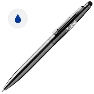 Penna a sfera in metallo con finitura lucida disponibile in vari colori e punta touch con meccanismo a rotazione e refill blu