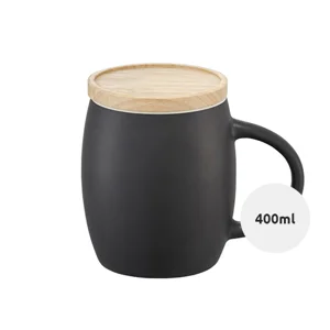 Tazza in ceramica finitura opaca e parete interna colorata con coperchio sottobicchiere in legno 400ml