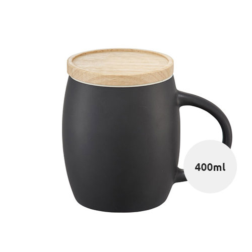 Tazza in ceramica finitura opaca e parete interna colorata con coperchio sottobicchiere in legno 400ml