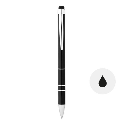 Penna a sfera in metallo disponibile in vari colori e punta touch con meccanismo a rotazione e refill nero