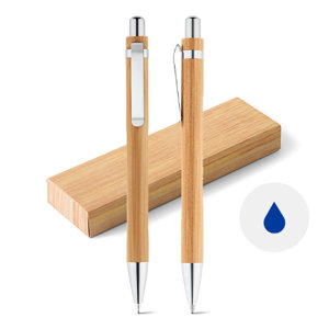 Set con penna a sfera con refill blu e matita portamine in bambù con scatola regalo in carta