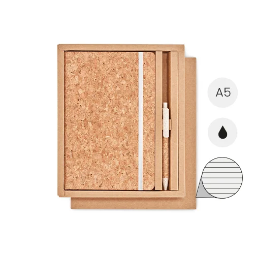 Block notes A5 con pagine a righe e copertina e penna con refill nero in sughero in scatola regalo