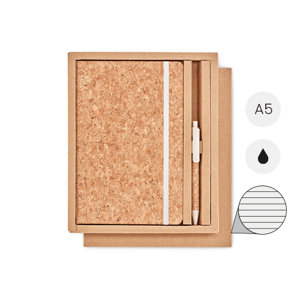 Block notes A5 con pagine a righe e copertina e penna con refill nero in sughero in scatola regalo