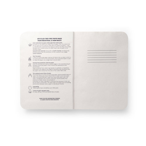 Block note A5 con copertina semirigida composta da carti della foglie di té e 100 pagine a righe prodotta con scarti di cotone