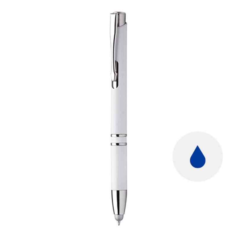 Penna a sfera in plastica antibatterica bianca con punta touch con meccanismo a scatto e refill blu