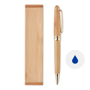 Penna a sfera in bambù con meccanismo a rotazione e confezione in bambù e refill blu