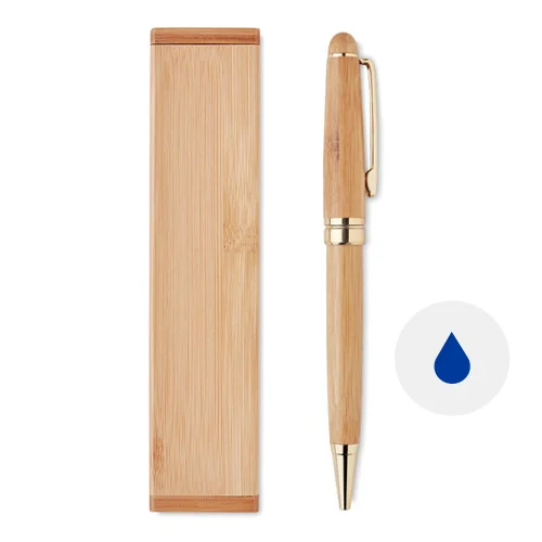 Penna a sfera in bambù con meccanismo a rotazione e confezione in bambù e refill blu