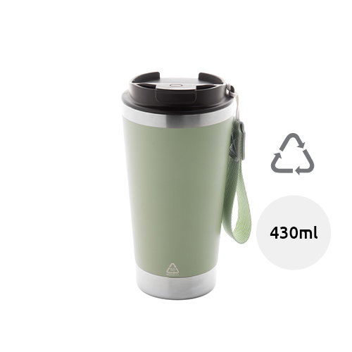 Tazza termica in acciaio inox riciclato con coperchio in PP laccetto coordinato 430ml