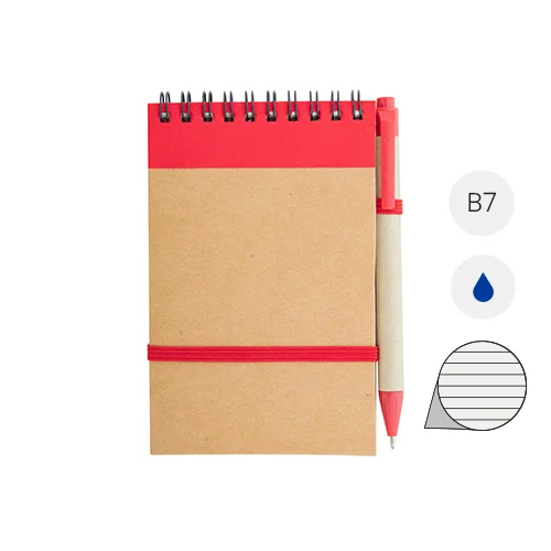 Block Notes B7  in carta riciclata e 70 fogli a righe e penna in refill blu