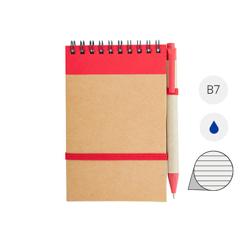 Block Notes B7  in carta riciclata e 70 fogli a righe e penna in refill blu