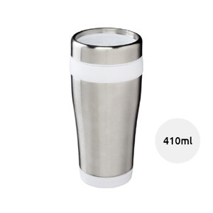 Bicchiere termico da viaggio in acciaio inox a doppia parete e coperchio in plastica 410ml