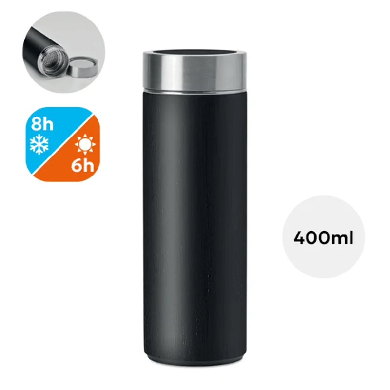 Borraccia da 400ml a doppio strato inox rivestito in bambù con infusore