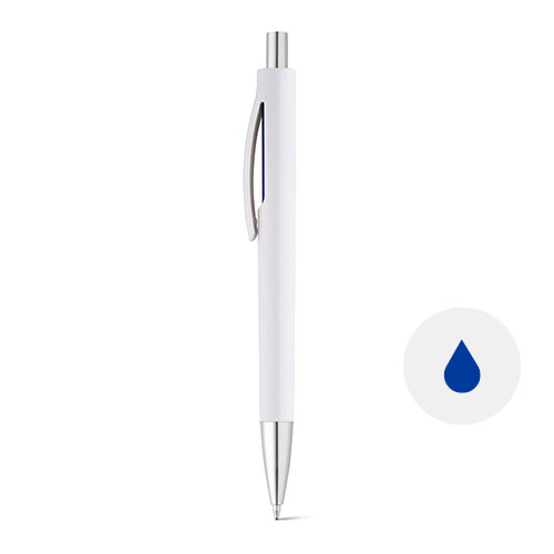 Penna a sfera in plastica con fusto bianco e dettagli colorati e meccanismo a scatto e refil blu