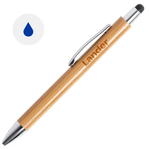 Penna a sfera in bambú con clip e punta in metallo e punta touch con meccanismo a scatto e refill blu