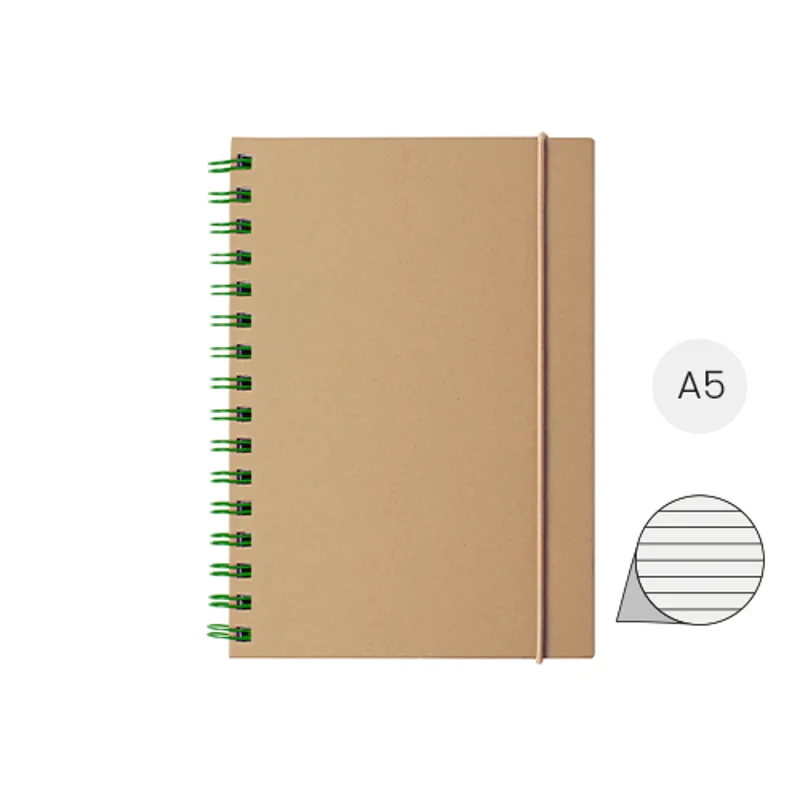Block notes A5 a spirale con copertina in cartoncino riciclato ed elastico in gomma con 80 fogli a righe