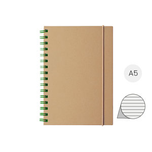 Block notes A5 a spirale con copertina in cartoncino riciclato ed elastico in gomma con 80 fogli a righe