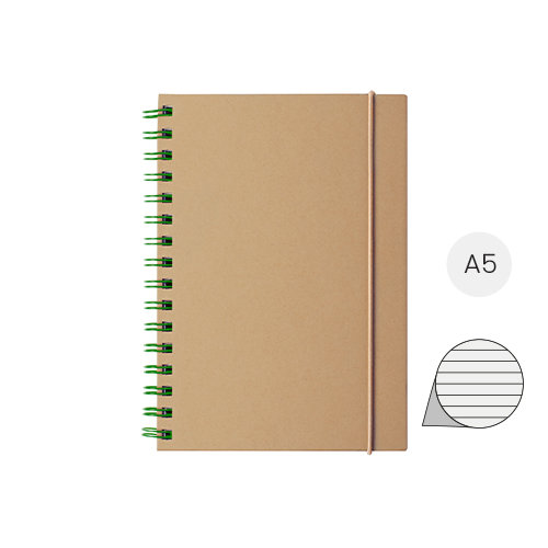 Block notes A5 a spirale con copertina in cartoncino riciclato ed elastico in gomma con 80 fogli a righe