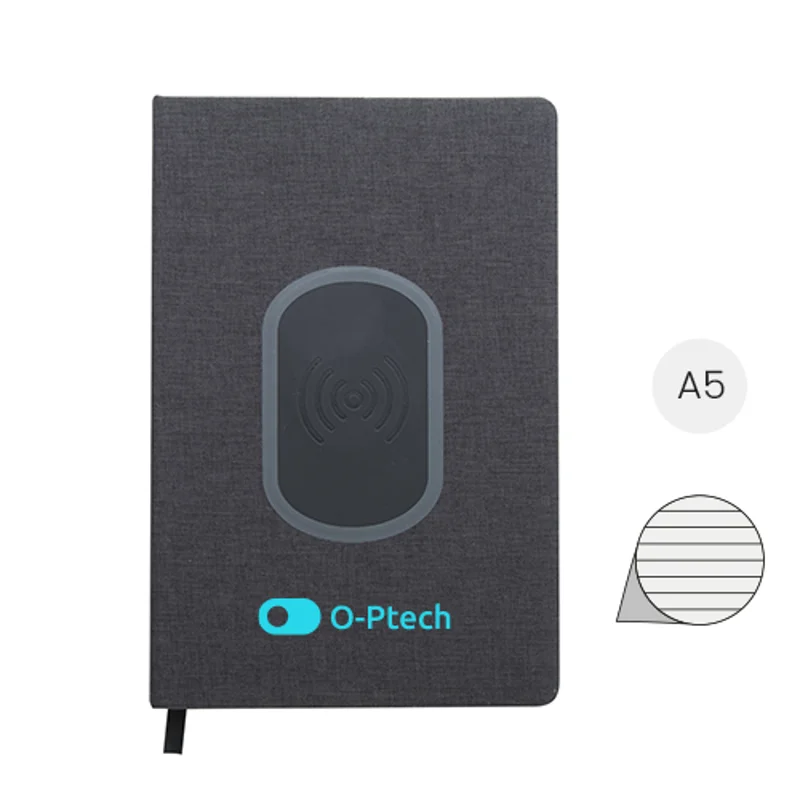 Block notes A5 con caricatore wireless integrato sulla copertina e 80 fogli a righe