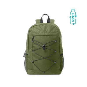 Zaino in poliestere 600D RPET  con cordino e tasca frontale e sui lati tasche a rete 30X14X45cm