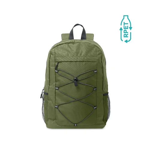 Zaino in poliestere 600D RPET  con cordino e tasca frontale e sui lati tasche a rete 30X14X45cm