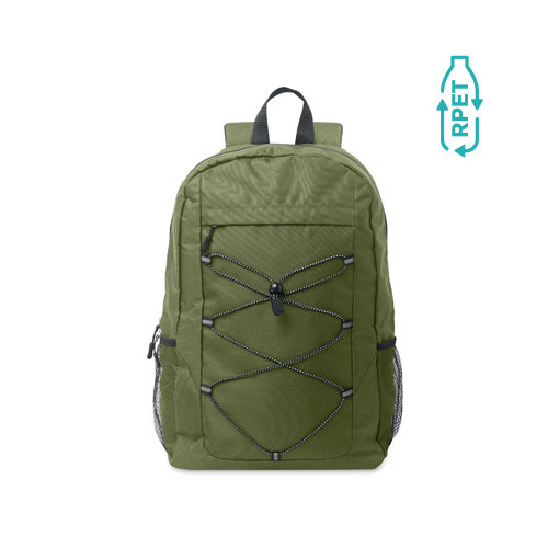 Zaino in poliestere 600D RPET  con cordino e tasca frontale e sui lati tasche a rete 30X14X45cm