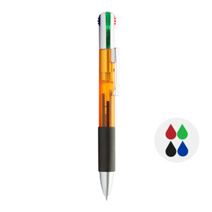 Penna a sfera in plastica trasparente e multicolore con impugnatura antiscivolo e quattro refill nero rosso blu verde