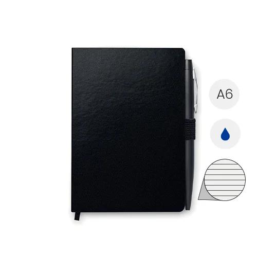 Block notes A6 con copertina rigida in PU e 72 fogli a righe e con penna abbinata refill blu