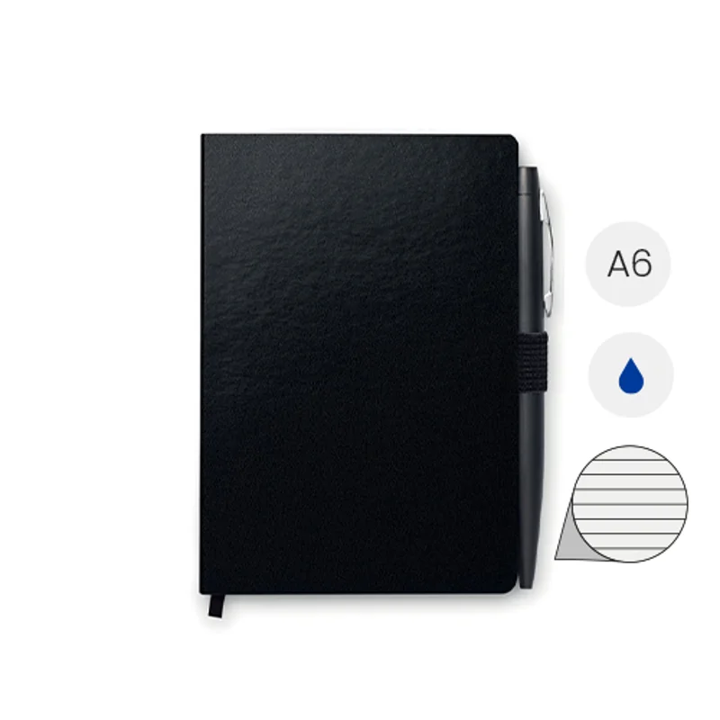 Block notes A6 con copertina rigida in PU e 72 fogli a righe e con penna abbinata refill blu