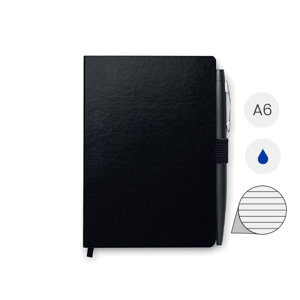 Block notes A6 con copertina rigida in PU e 72 fogli a righe e con penna abbinata refill blu