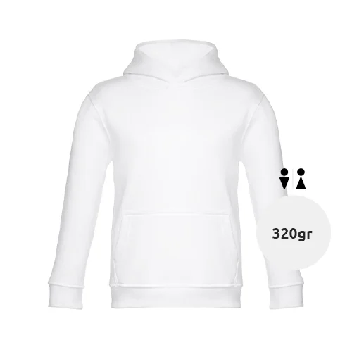 Felpa da bambino unisex bianca con cappuccio e tasca a marsupio in cotone e poliestere 320gr