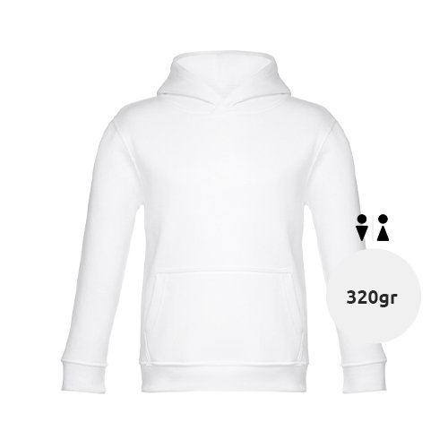 Felpa da bambino unisex bianca con cappuccio e tasca a marsupio in cotone e poliestere 320gr