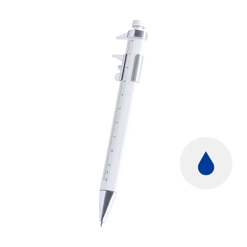 Penna a sfera in plastica multiuso con righello da 10 cm e calibro con meccanismo a scatto e refill blu