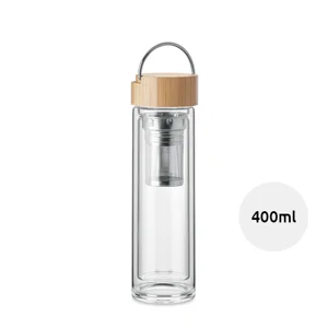Borraccia in vetro a doppio strato da 400ml con coperchio in bambù e infusore tè