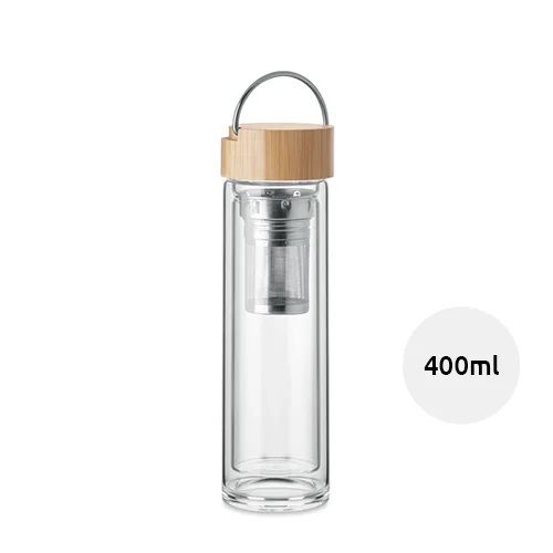 Borraccia in vetro a doppio strato da 400ml con coperchio in bambù e infusore tè
