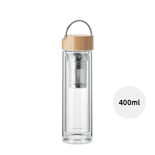 Borraccia in vetro a doppio strato da 400ml con coperchio in bambù e infusore tè