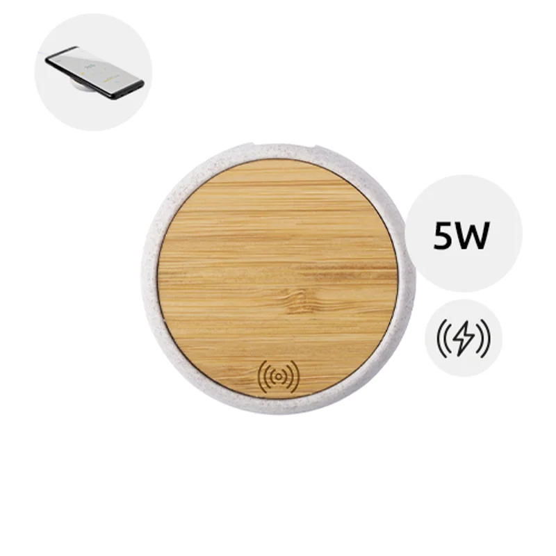 Caricabatterie wireless 5W in bambù e plastica di paglia di grano
