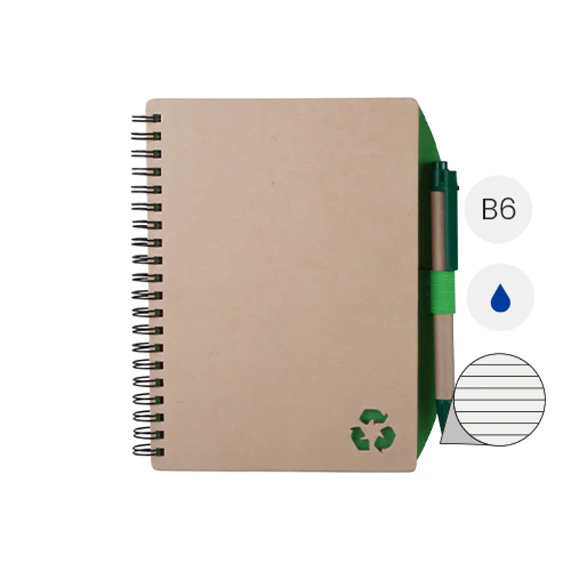 Block Notes B6 con fogli a righe in carta riciclata e penna a sfera in refill blu