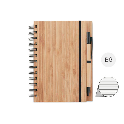 Block notes B6 con 70 fogli in carta riciclata e con copertina in bambù e penna abbinata