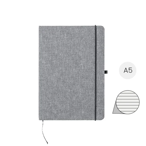 Block notes in formato A5 con copertina in RPET e 100 fogli a righe e con segnalibro ed elastico in gomma