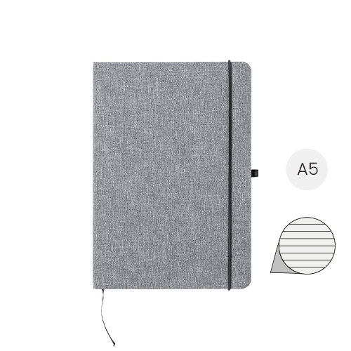 Block notes in formato A5 con copertina in RPET e 100 fogli a righe e con segnalibro ed elastico in gomma