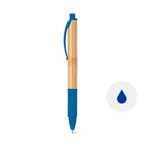 Penna a sfera in bambù e con clip e impugnatura in fibra di grano e ABS colore in coordinato e meccanismo a scatto e refill blu