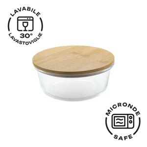 Porta pranzo tondo in vetro con coperchio in bambù da 650ml