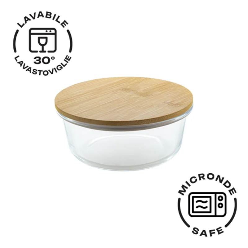 Porta pranzo tondo in vetro con coperchio in bambù da 650ml