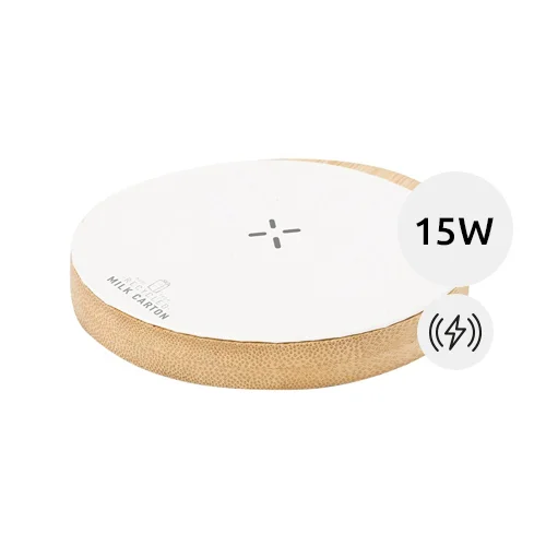 Caricatore wireless in materiale riciclato da cartoni del latte e base in bambù da 15W 
