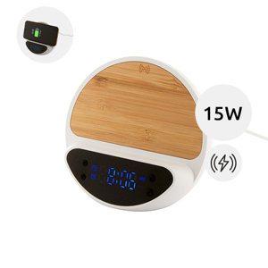 Sveglia con caricatore wireless 15W in ABS riciclato e corpo in bambù con supporto per telefono cellulare