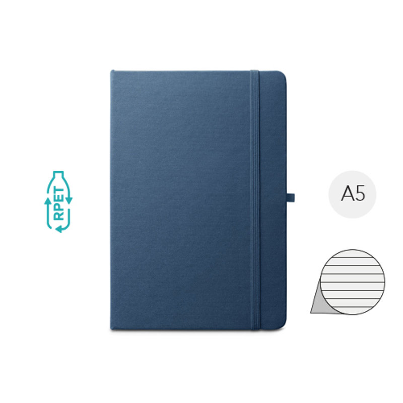 Block notes A5 con copertina rigida in RPET con fogli a righe in carta riciclata con elastico e portapenne