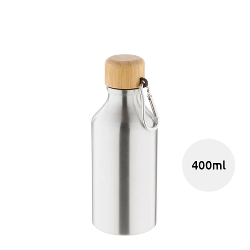 Borraccia in alluminio da 400ml con tappo in bambù e moschettone